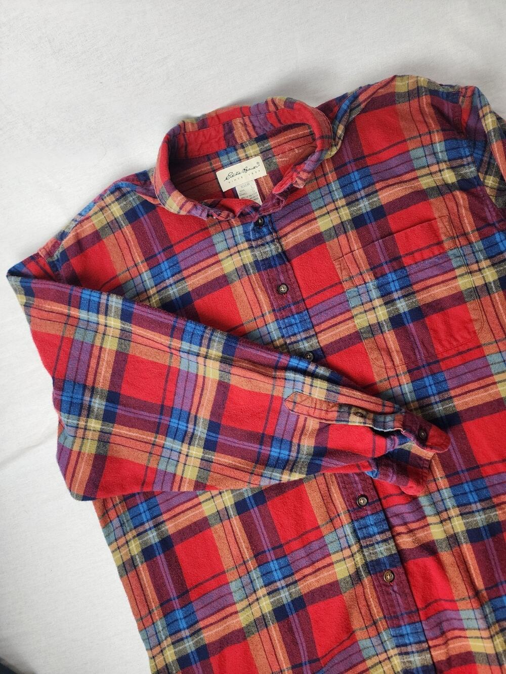 Eddie Bauer L Mens Red Plaid Flannel Shirt 100% Cotton Button Up Long Sleeve - Picture 1 of 9